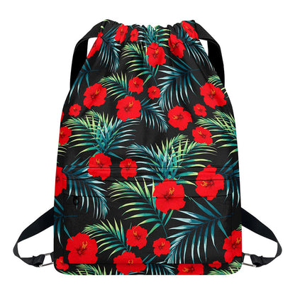 Tropical Hibiscus Leaves Pattern Print Drawstring Backpack
