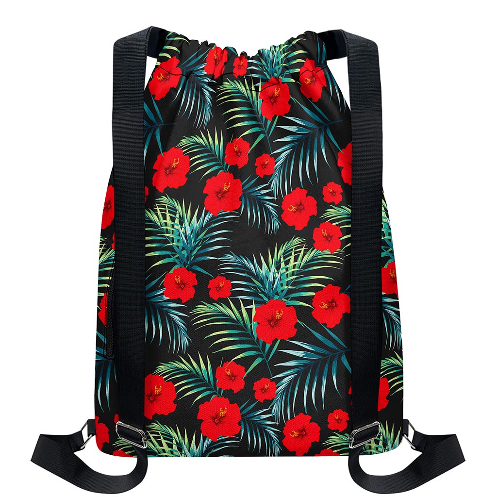 Tropical Hibiscus Leaves Pattern Print Drawstring Backpack