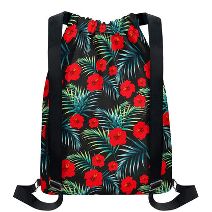 Tropical Hibiscus Leaves Pattern Print Drawstring Backpack