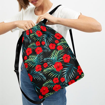 Tropical Hibiscus Leaves Pattern Print Drawstring Backpack