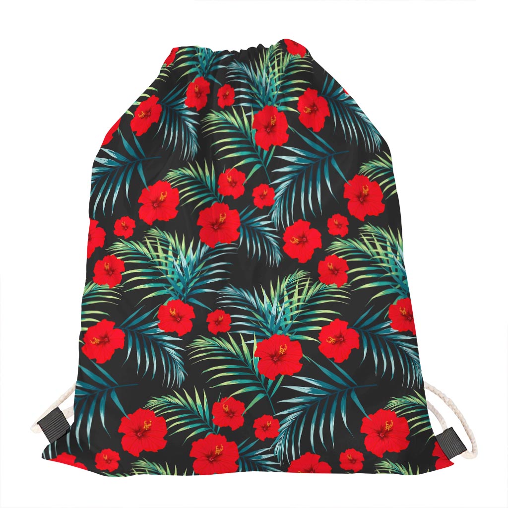 Tropical Hibiscus Leaves Pattern Print Drawstring Bag