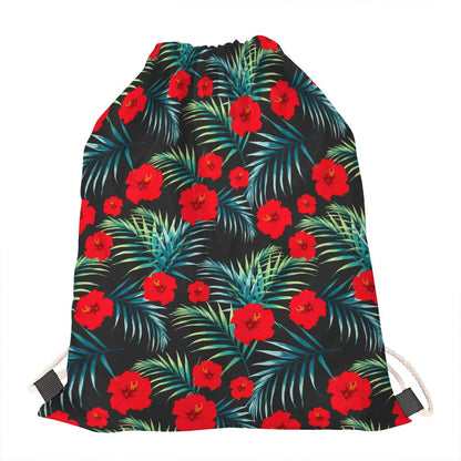 Tropical Hibiscus Leaves Pattern Print Drawstring Bag