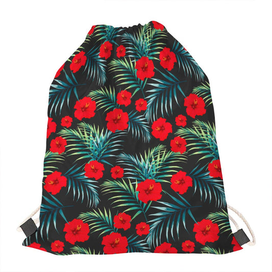 Tropical Hibiscus Leaves Pattern Print Drawstring Bag