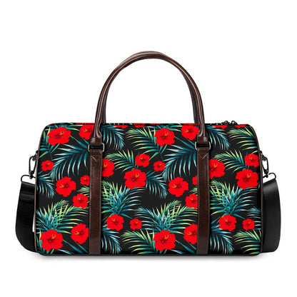 Tropical Hibiscus Leaves Pattern Print Duffle Bag