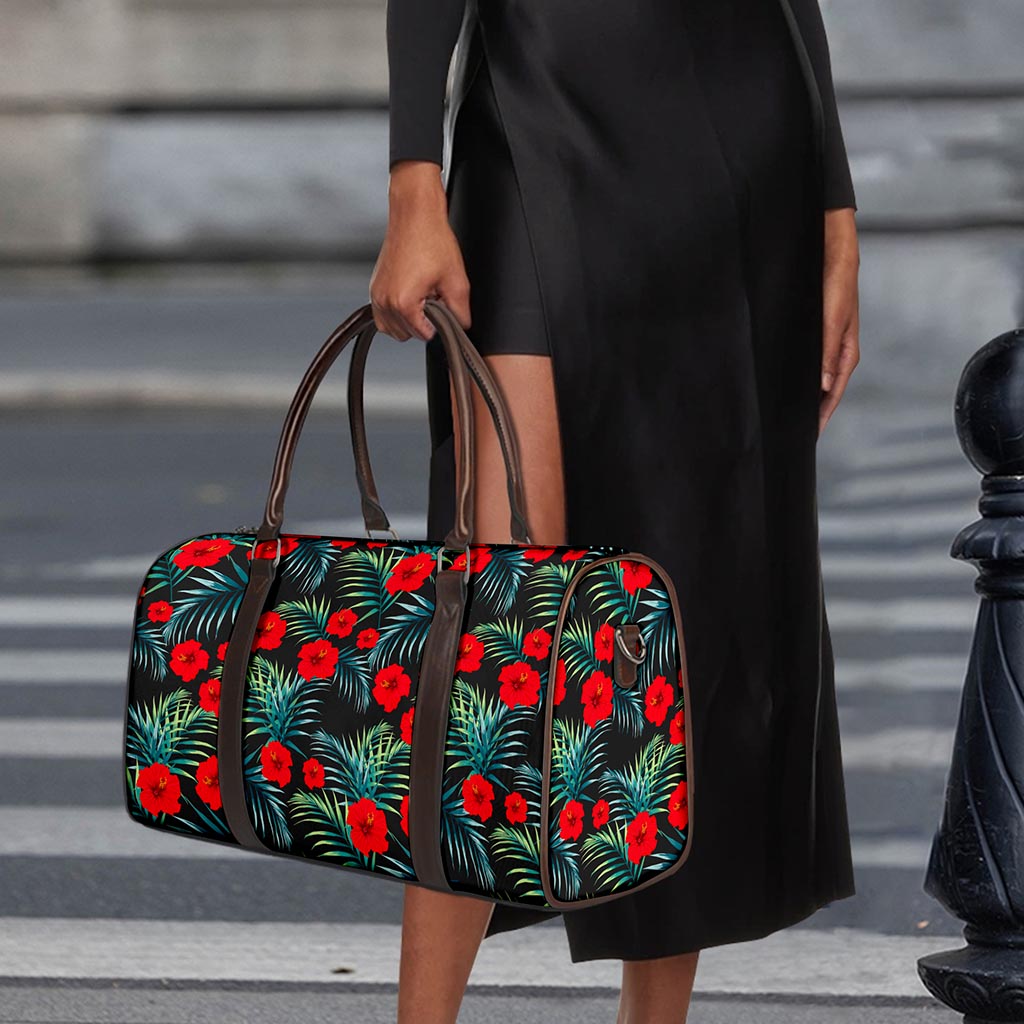 Tropical Hibiscus Leaves Pattern Print Duffle Bag