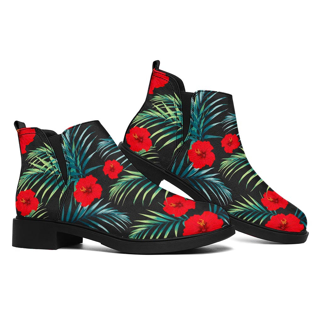 Tropical Hibiscus Leaves Pattern Print Flat Ankle Boots
