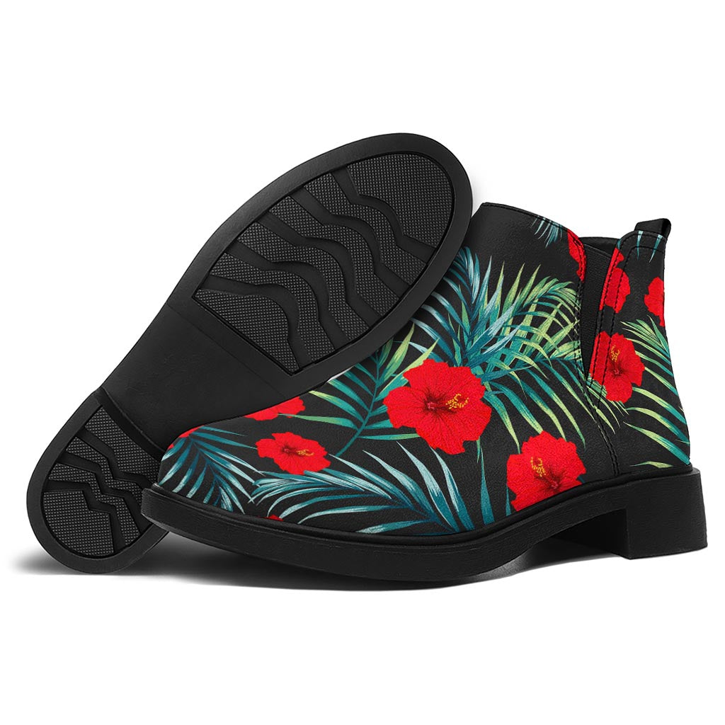 Tropical Hibiscus Leaves Pattern Print Flat Ankle Boots