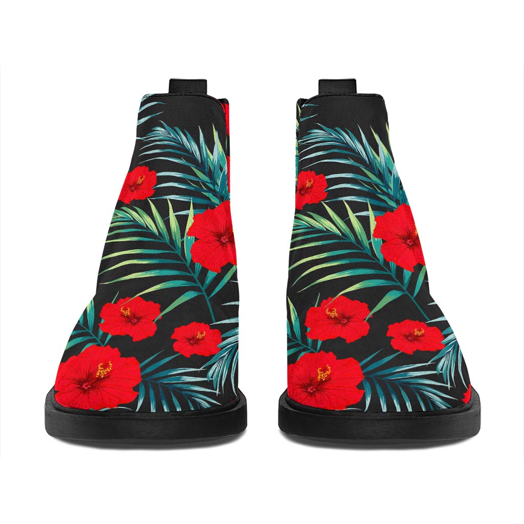 Tropical Hibiscus Leaves Pattern Print Flat Ankle Boots