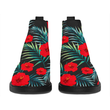 Tropical Hibiscus Leaves Pattern Print Flat Ankle Boots