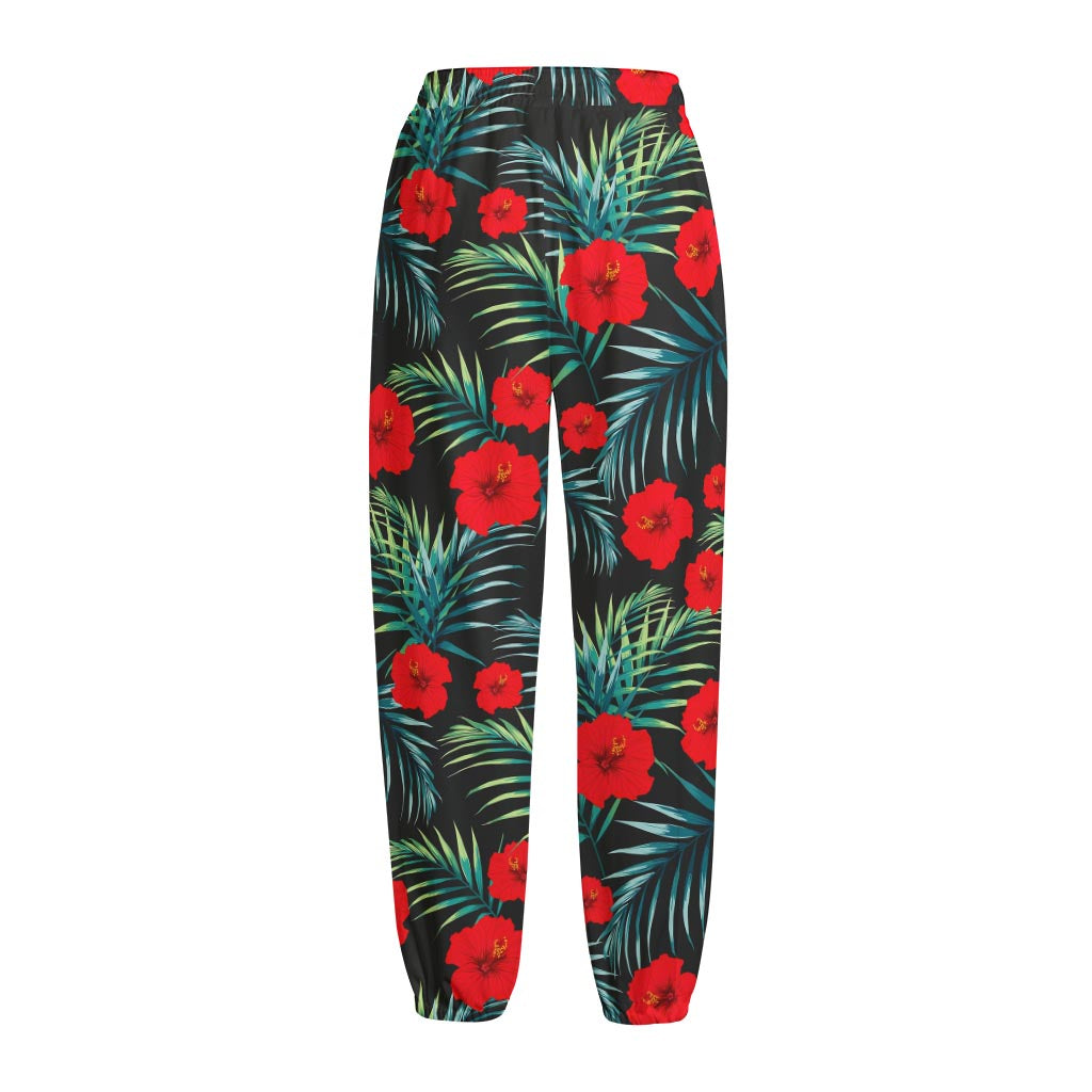 Tropical Hibiscus Leaves Pattern Print Fleece Lined Knit Pants