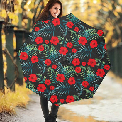 Tropical Hibiscus Leaves Pattern Print Foldable Umbrella