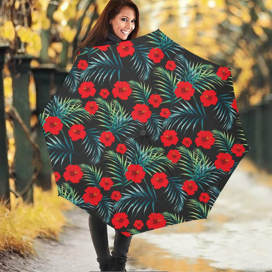 Tropical Hibiscus Leaves Pattern Print Foldable Umbrella