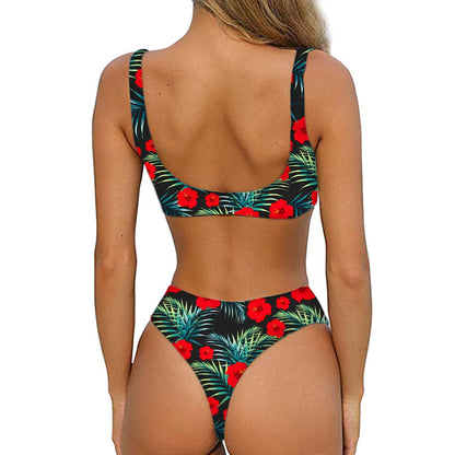 Tropical Hibiscus Leaves Pattern Print Front Bow Tie Bikini