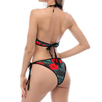 Tropical Hibiscus Leaves Pattern Print Halter Scoop Tie Side Bikini