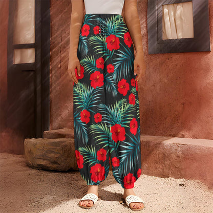 Tropical Hibiscus Leaves Pattern Print Harem Pants