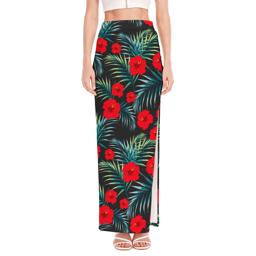 Tropical Hibiscus Leaves Pattern Print High Slit Maxi Skirt
