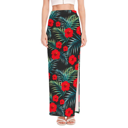 Tropical Hibiscus Leaves Pattern Print High Slit Maxi Skirt