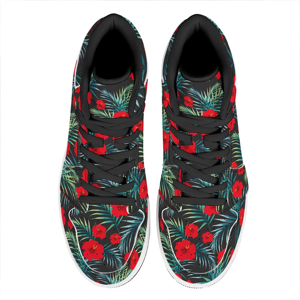 Tropical Hibiscus Leaves Pattern Print High Top Leather Sneakers