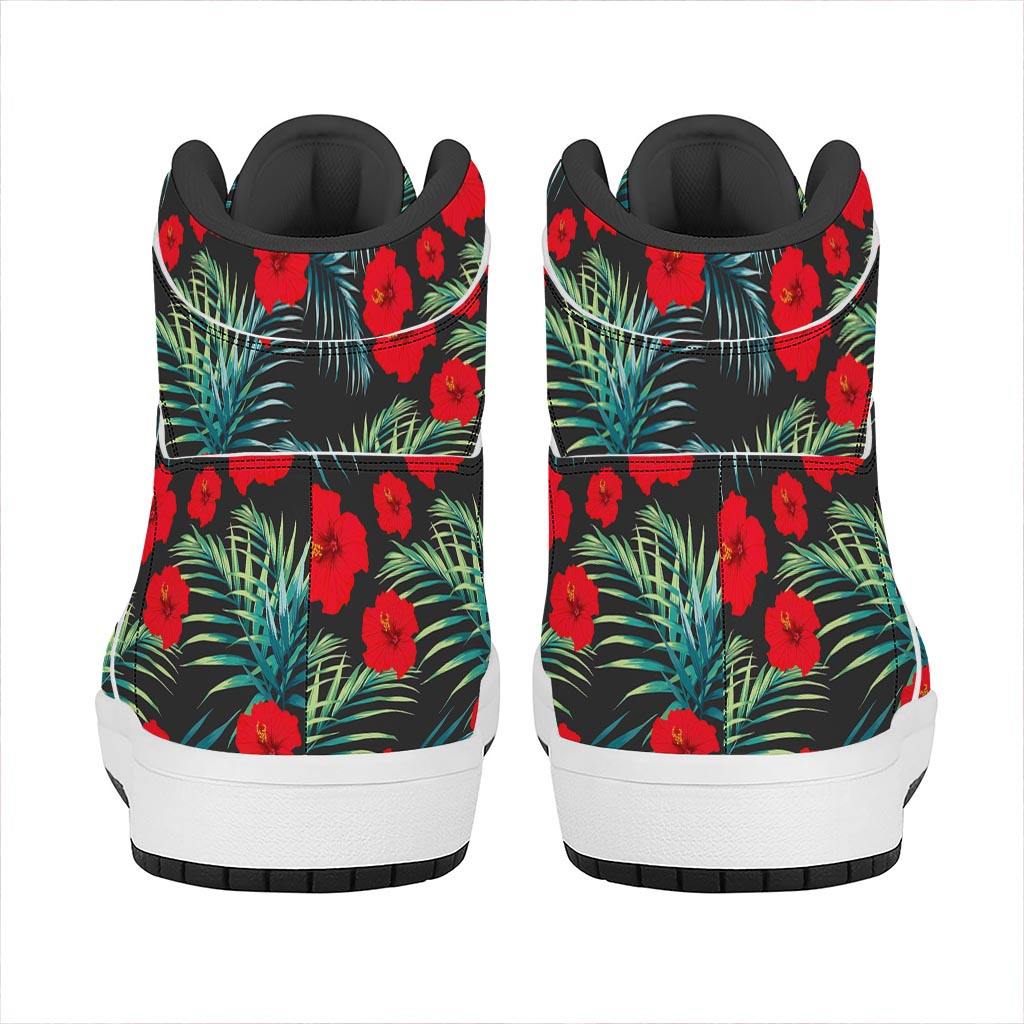 Tropical Hibiscus Leaves Pattern Print High Top Leather Sneakers