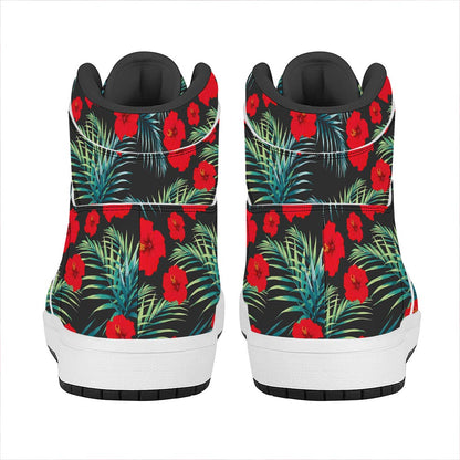 Tropical Hibiscus Leaves Pattern Print High Top Leather Sneakers