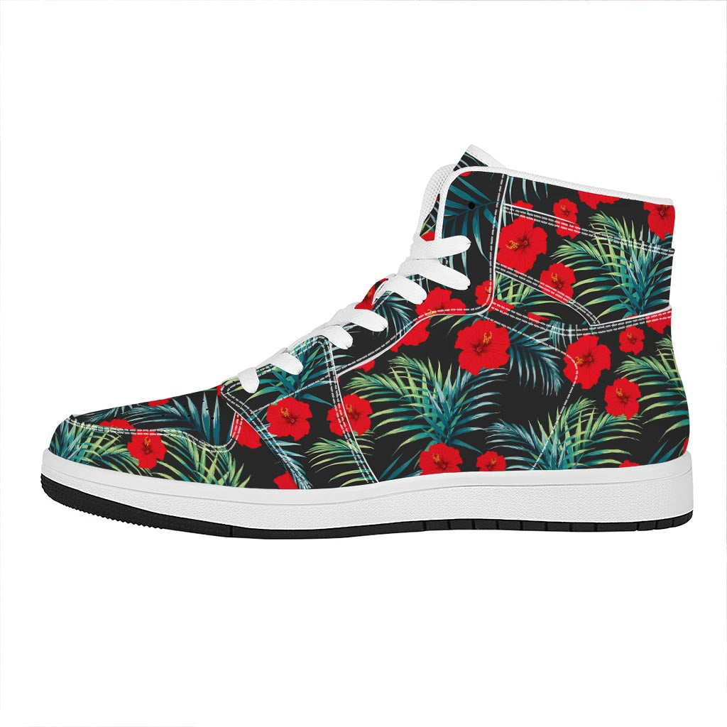 Tropical Hibiscus Leaves Pattern Print High Top Leather Sneakers