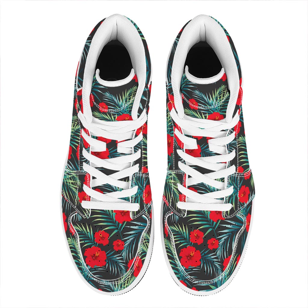 Tropical Hibiscus Leaves Pattern Print High Top Leather Sneakers