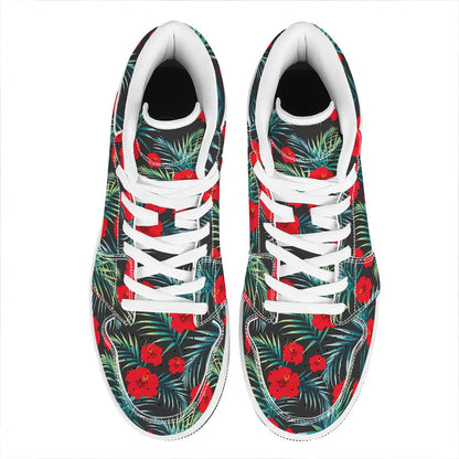 Tropical Hibiscus Leaves Pattern Print High Top Leather Sneakers