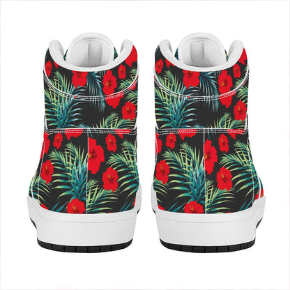 Tropical Hibiscus Leaves Pattern Print High Top Leather Sneakers
