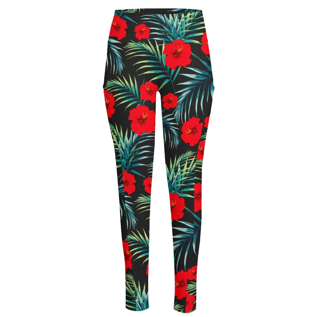 Tropical Hibiscus Leaves Pattern Print High-Waisted Pocket Leggings