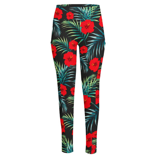 Tropical Hibiscus Leaves Pattern Print High-Waisted Pocket Leggings
