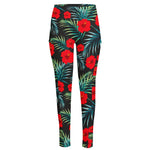 Tropical Hibiscus Leaves Pattern Print High-Waisted Pocket Leggings