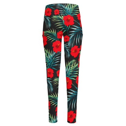Tropical Hibiscus Leaves Pattern Print High-Waisted Pocket Leggings