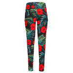 Tropical Hibiscus Leaves Pattern Print High-Waisted Pocket Leggings