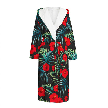 Tropical Hibiscus Leaves Pattern Print Hooded Bathrobe