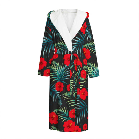 Tropical Hibiscus Leaves Pattern Print Hooded Bathrobe