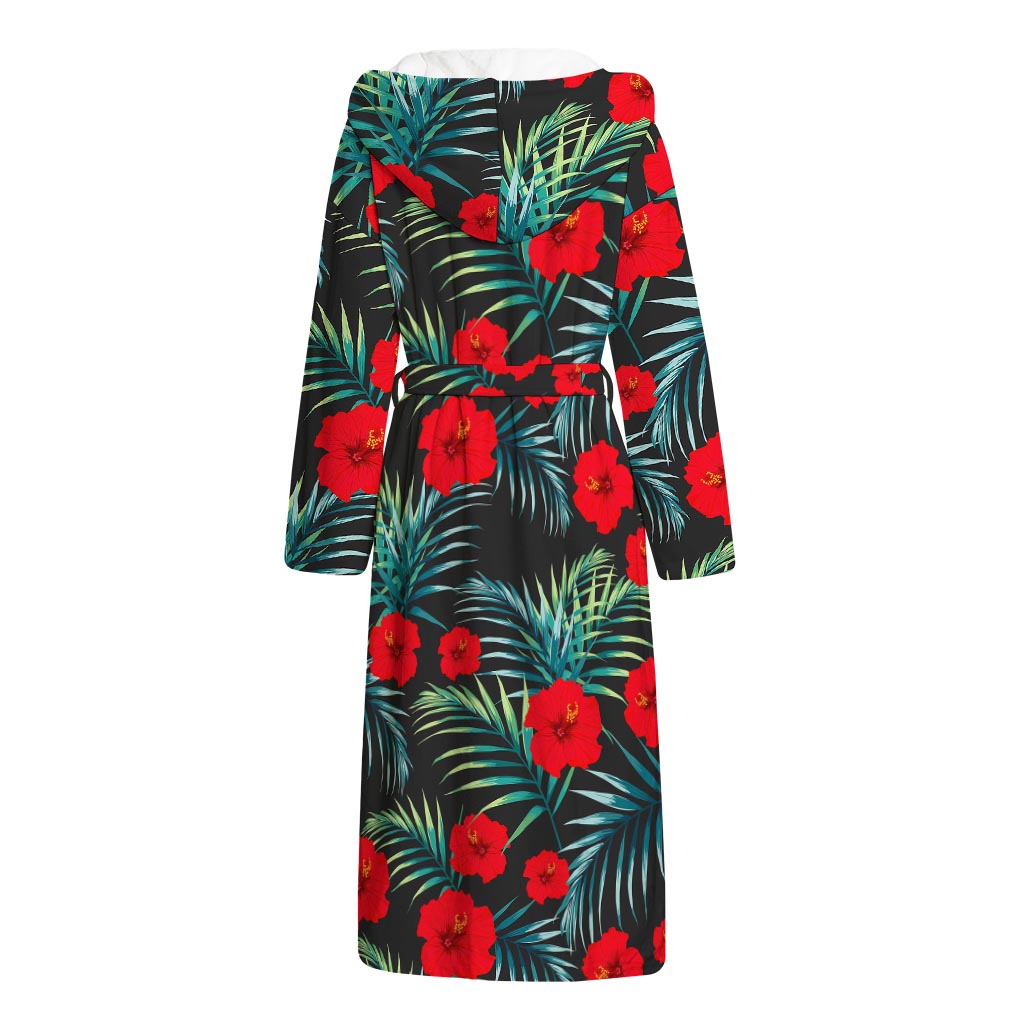 Tropical Hibiscus Leaves Pattern Print Hooded Bathrobe
