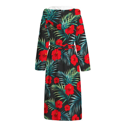 Tropical Hibiscus Leaves Pattern Print Hooded Bathrobe