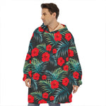 Tropical Hibiscus Leaves Pattern Print Hoodie Blanket