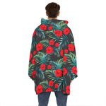 Tropical Hibiscus Leaves Pattern Print Hoodie Blanket