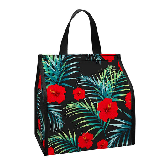 Tropical Hibiscus Leaves Pattern Print Insulated Lunch Tote
