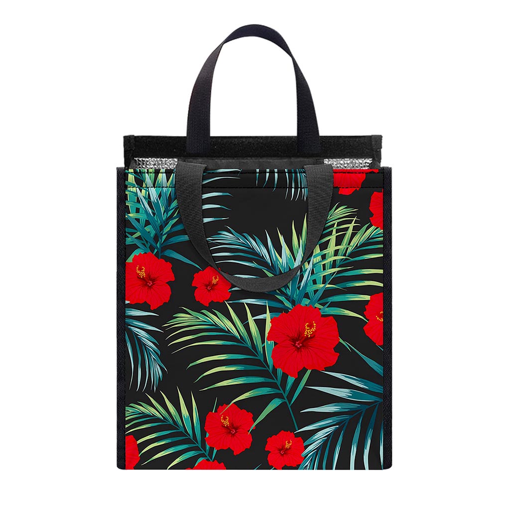 Tropical Hibiscus Leaves Pattern Print Insulated Lunch Tote