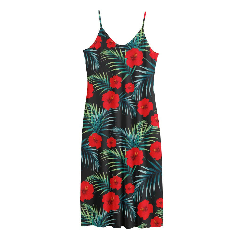 Tropical Hibiscus Leaves Pattern Print Jersey Midi Cami Dress
