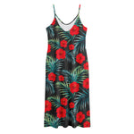 Tropical Hibiscus Leaves Pattern Print Jersey Midi Cami Dress