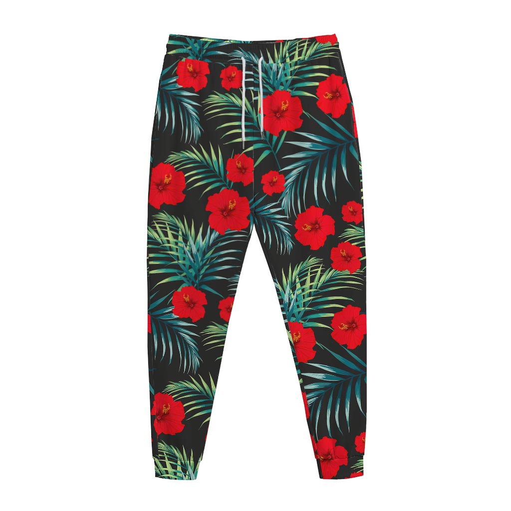 Tropical Hibiscus Leaves Pattern Print Jogger Pants