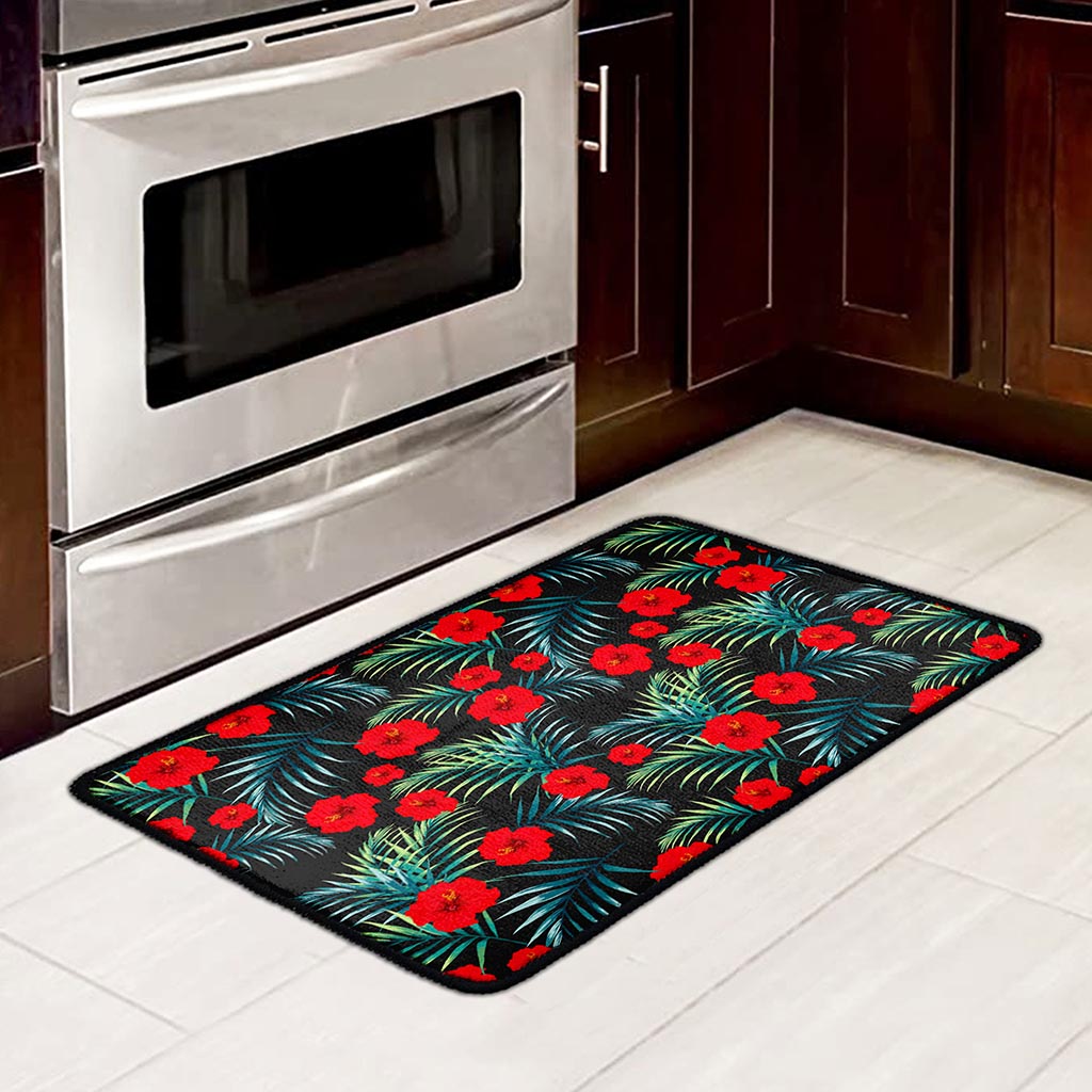 Tropical Hibiscus Leaves Pattern Print Kitchen Mat