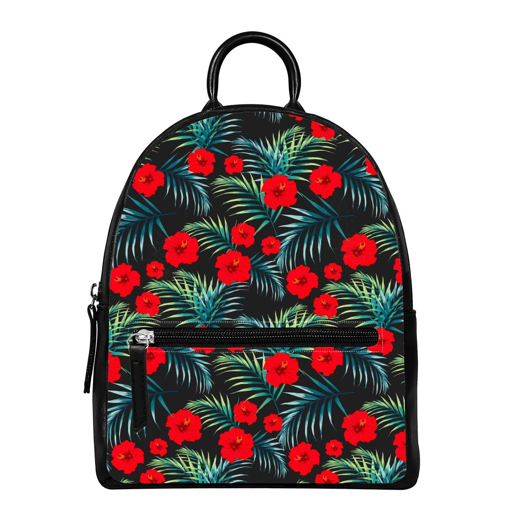 Tropical Hibiscus Leaves Pattern Print Leather Backpack