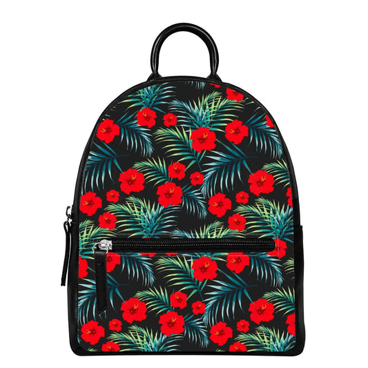 Tropical Hibiscus Leaves Pattern Print Leather Backpack