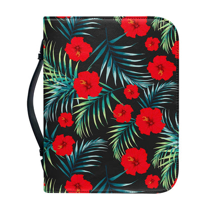 Tropical Hibiscus Leaves Pattern Print Leather Bible Cover