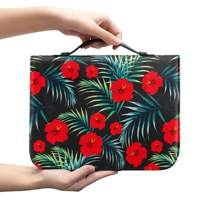 Tropical Hibiscus Leaves Pattern Print Leather Bible Cover
