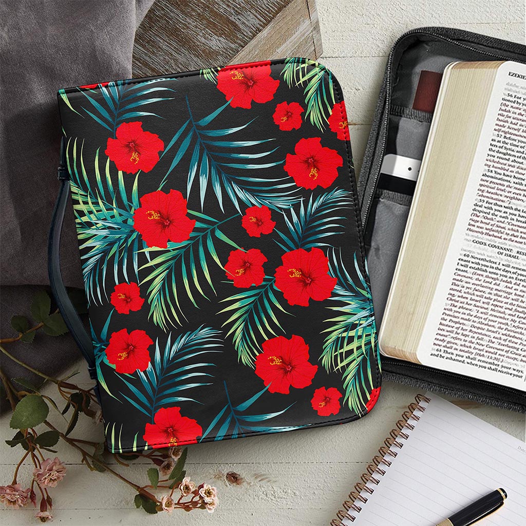 Tropical Hibiscus Leaves Pattern Print Leather Bible Cover
